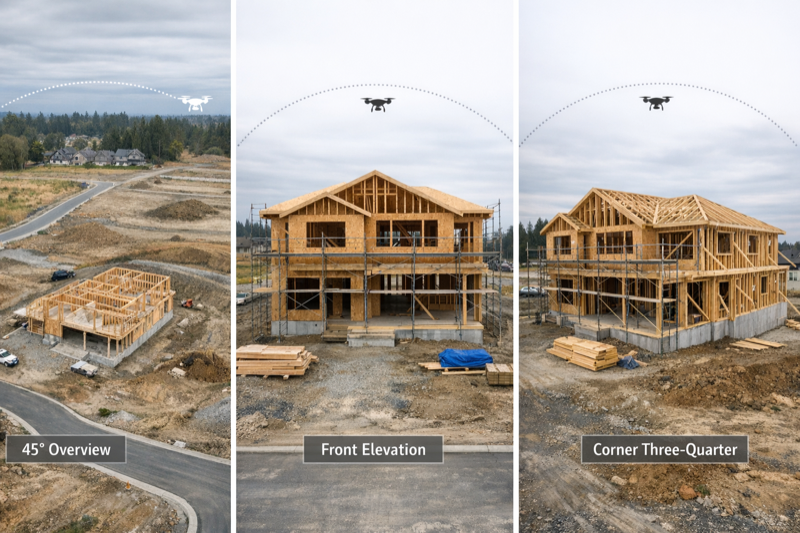 Diagram showing three optimal drone positions around a construction site: overview at 45°, front elevation, and corner three-quarter view