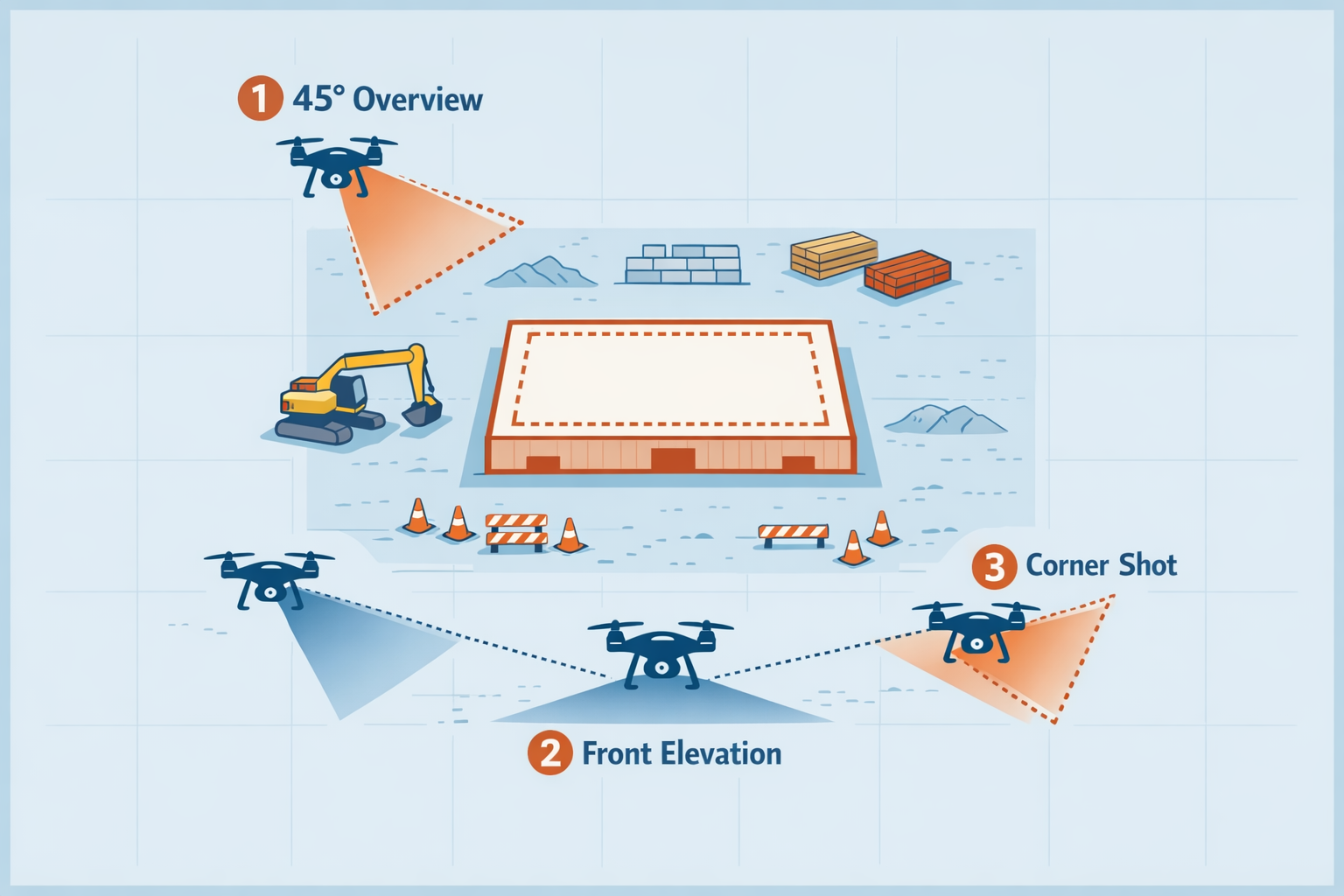 Diagram showing three optimal drone positions around a construction site: overview at 45°, front elevation, and corner three-quarter view