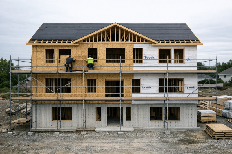 Front elevation drone shot of a building under construction, showing the primary façade straight-on at eye level