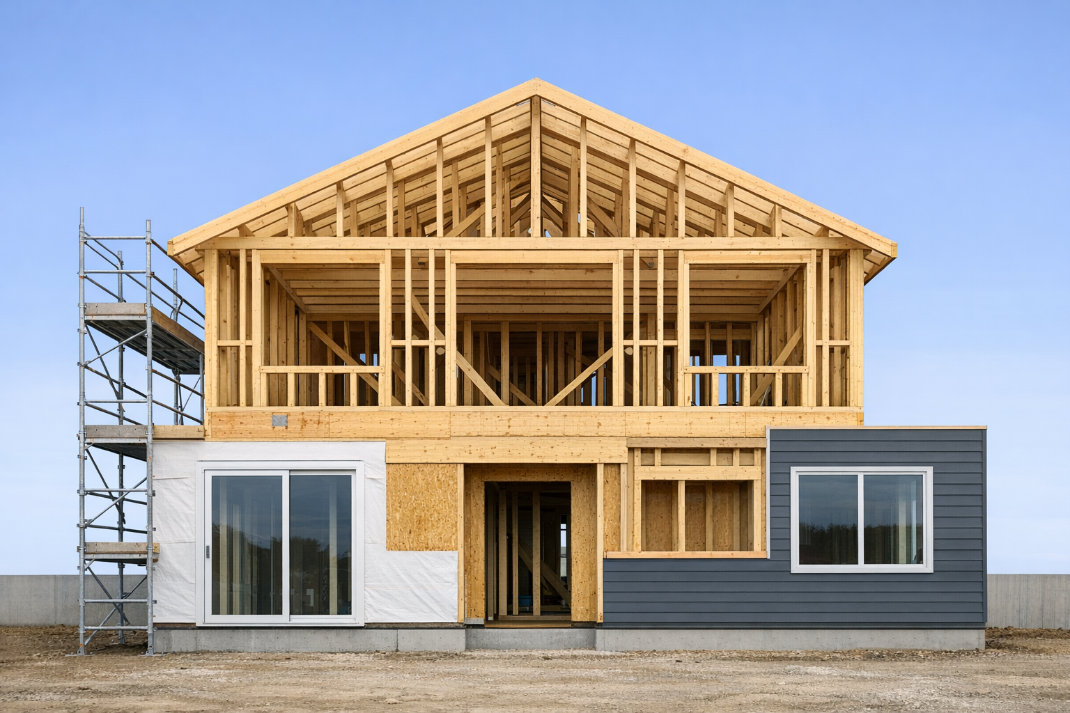 Front elevation drone shot of a building under construction, showing the primary façade straight-on at eye level