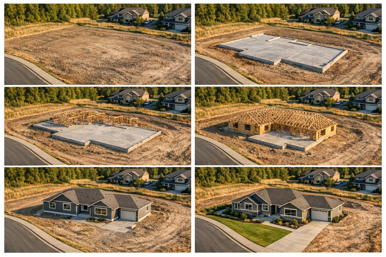 Construction timelapse progression showing a building at six different stages, from foundation to finished structure